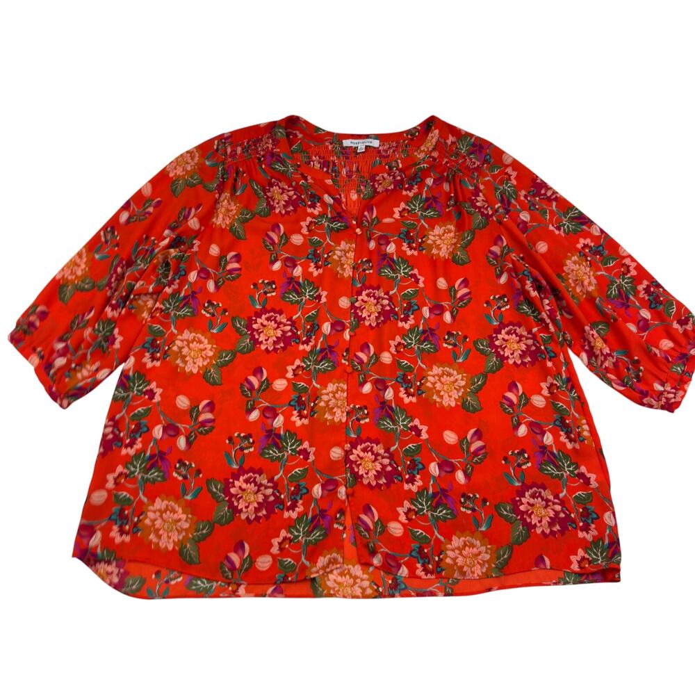 Rose + Olive Boho Feminine Romantic Floral 3/4 Sleeve Blouse Women's Size 2X